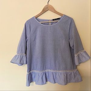 Doe & Rae Blue Striped Peplum Bell Sleeve Tunic